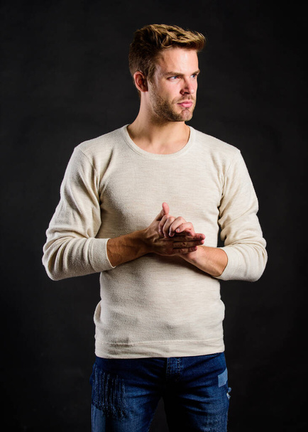 Perfect fit. Handsome man in casual style. Guy bristle wear casual outfit. Fashion concept. Discover latest styles of long sleeve shirt. Feeling casual and comfortable. Menswear fashionable clothing - Foto, immagini