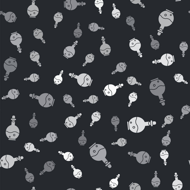 Grijze glazen fles met magisch elixer icoon geïsoleerd naadloos patroon op zwarte achtergrond. Computerspel aanwinst. Vector Illustratie - Vector, afbeelding