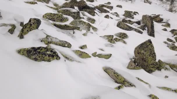 schneebedeckte Gipfel der Berge. Herbst in den Bergen. Bewölktes, windiges Wetter - Filmmaterial, Video