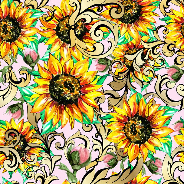 Sunflowers with poppies acanthus Seamless pattern  - Foto, imagen