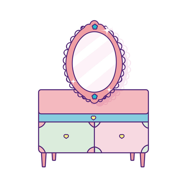 cute furniture drawers with mirror cartoon - Vector, Imagen