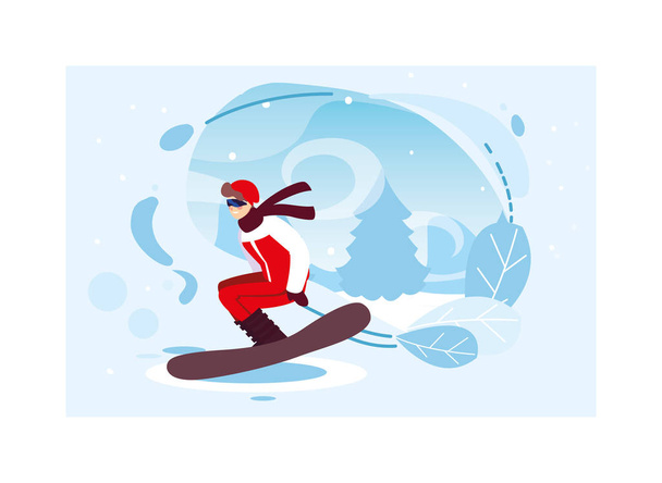Kış manzarasında snowboard yapan bir adam - Vektör, Görsel