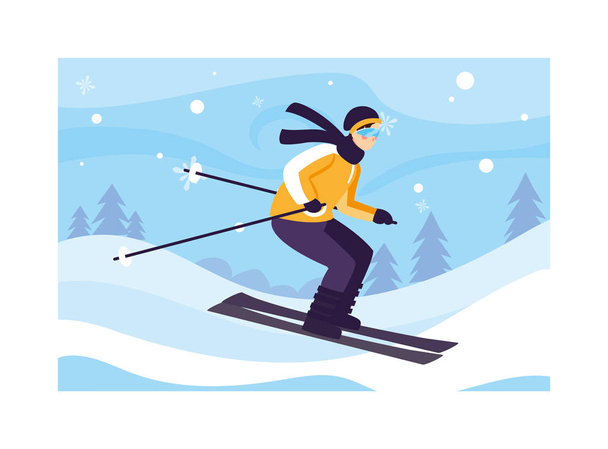 hombre con esquí de montaña en el paisaje con nevadas
 - Vector, Imagen