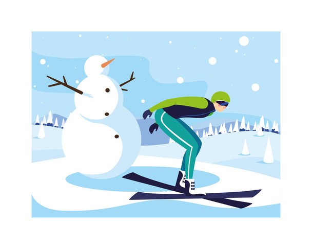 Dağda kayak yapan adam, kış sporu - Vektör, Görsel