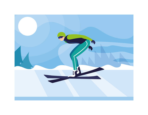 Kış manzarasında dağ kayağı yapan bir adam - Vektör, Görsel