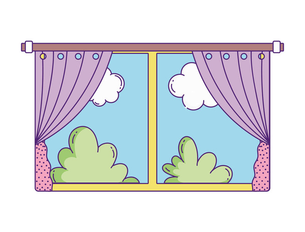window curtains bushes nature sky clouds on white background - Вектор,изображение