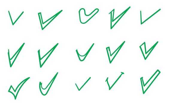 Marca de verificación de garrapata, marca de verificación de aprobación verde garabato estilo dibujado a mano
 - Vector, imagen