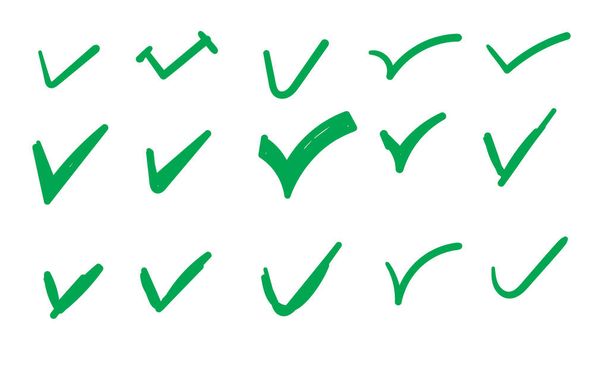 Marca de verificação de marca, marca de verificação de aprovação verde doodle estilo desenhado à mão
 - Vetor, Imagem