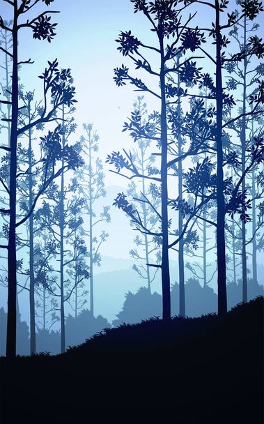 Přírodní lesní stromy hory horizont kopce siluety stromů a kopců ve večerních hodinách východ a západ slunce Krajina tapety Ilustrace vektorový styl Barevný pohled pozadí - Vektor, obrázek