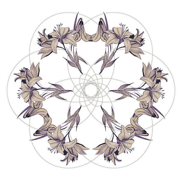 Mandala egy liliommal. Koszorúval. Fehér liliom elszigetelt fehér háttérrel. Kártya virágzó liliommal. illusztráció - Fotó, kép