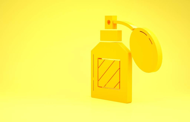 Icona dopobarba gialla isolata su sfondo giallo. Icona spray di Colonia. Flacone di profumo maschile. Concetto minimalista. Illustrazione 3d rendering 3D
 - Foto, immagini