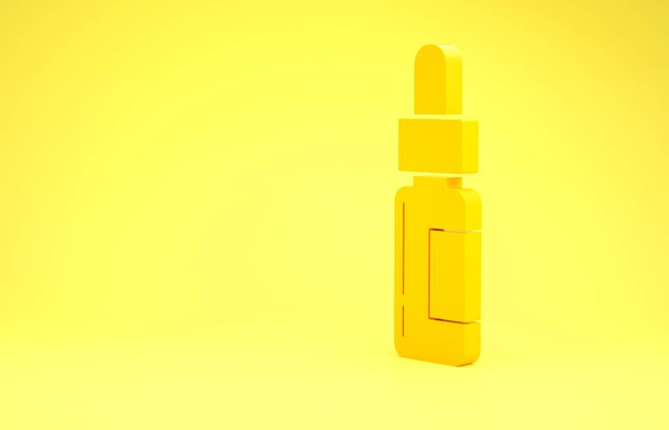 Gele glazen fles met een pipet. Flacon met een pipet binnenin pictogram geïsoleerd op gele achtergrond. Container voor medische en cosmetische producten. Minimalisme concept. 3d illustratie 3d renderen - Foto, afbeelding