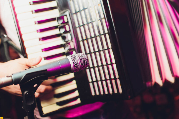 The musician plays the accordion close-up microphone. - Foto, Bild