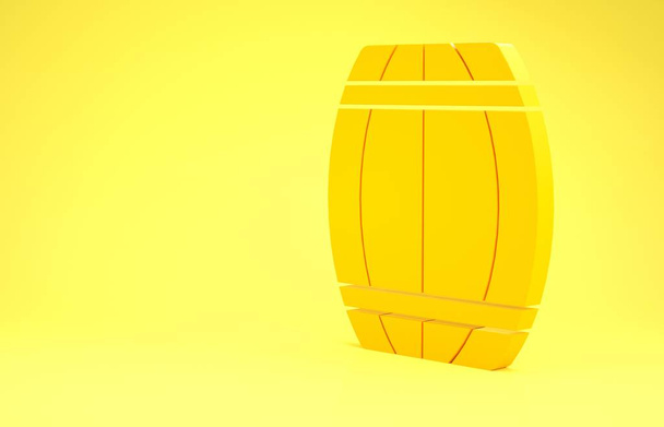 Yellow Wooden barrel icon isolated on yellow background. Alcohol barrel, drink container, wooden keg for beer, whiskey, wine. Minimalism concept. 3d illustration 3D render - Photo, Image
