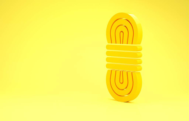 Жовта піктограма альпіністської мотузки ізольована на жовтому тлі. Екстремальний спорт. Спортивне обладнання. Концепція мінімалізму. 3D ілюстрація 3D рендеринга
 - Фото, зображення