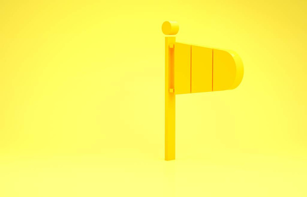 Yellow Cone meteorologie windsok windvaan pictogram geïsoleerd op gele achtergrond. Windsok geeft de richting en sterkte van de wind aan. Minimalisme concept. 3d illustratie 3d renderen - Foto, afbeelding