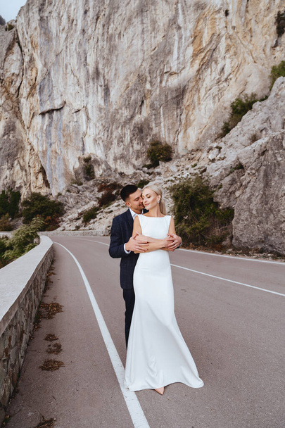 Young newly wed couple, bride and groom kissing, hugging on perfect view of mountains - Zdjęcie, obraz