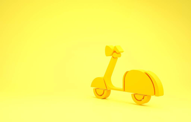 Sarı Scooter simgesi sarı arka planda izole edildi. Minimalizm kavramı. 3d illüstrasyon 3B canlandırma - Fotoğraf, Görsel
