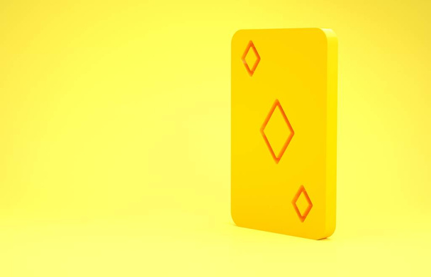Sarı arka planda elmas sembollü sarı iskambil kartı. Kumarhane kumarı. Minimalizm kavramı. 3d illüstrasyon 3d canlandırma - Fotoğraf, Görsel