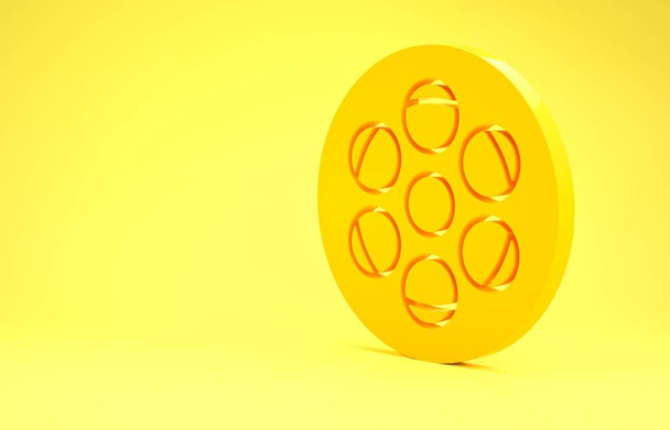 Κίτρινη εικόνα κυλίνδρου φιλμ απομονωμένη σε κίτρινο φόντο. Μινιμαλιστική έννοια. 3D απεικόνιση 3d καθιστούν - Φωτογραφία, εικόνα