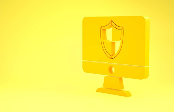 Желтый монитор компьютера и значок щита изолированы на желтом фоне. Безопасность, технологии брандмауэра, безопасность конфиденциальности в Интернете или антивирус. Концепция минимализма. 3D-рендеринг
 - Фото, изображение