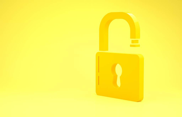 Geel Open hangslot pictogram geïsoleerd op gele achtergrond. Open slot bord. Cybersecurity concept. Digitale gegevensbescherming. Veiligheid. Minimalisme concept. 3d illustratie 3d renderen - Foto, afbeelding