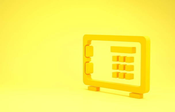 黄色の背景に隔離された安全なアイコン。ドアは金庫室を金庫と組み合わせてロックしてる。信頼性の高いデータ保護。最小限の概念。3Dイラスト3Dレンダリング - 写真・画像