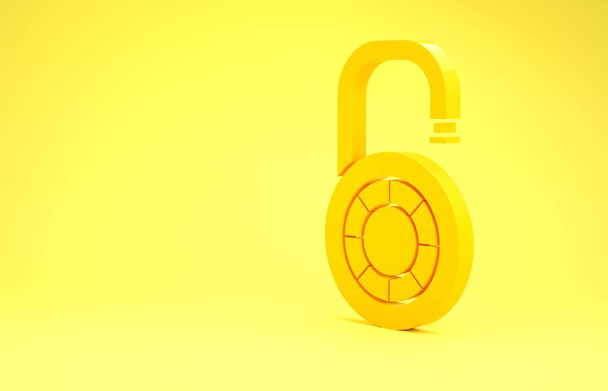 Желтый безопасной комбинации замок колеса значок изолирован на желтом фоне. Комбинированный замок. Безопасность, безопасность, защита, пароль, конфиденциальность. Концепция минимализма. 3D-рендеринг
 - Фото, изображение