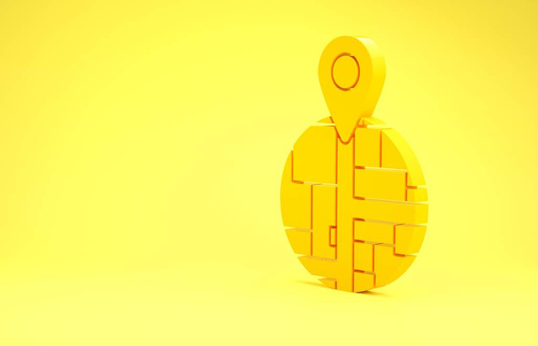 Yellow Placeholder on map paper in perspective icon isolated on yellow background. Minimalism concept. 3d illustration 3D render - Photo, Image