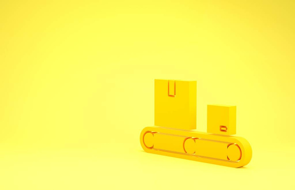 Sarı arka planda izole edilmiş karton kutu simgesine sahip sarı taşıma bandı. Minimalizm kavramı. 3d illüstrasyon 3d canlandırma - Fotoğraf, Görsel