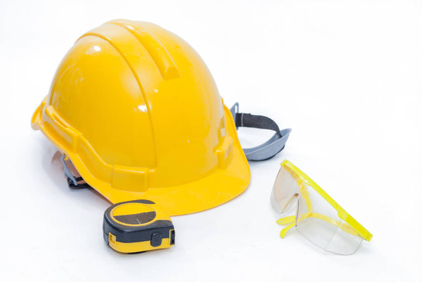 Safety Glasses protection and safety helmet on white background - Photo, Image