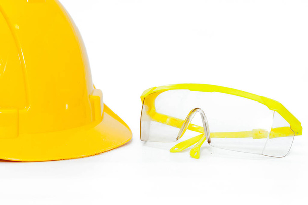 Safety Glasses protection and safety helmet on white background - Fotoğraf, Görsel