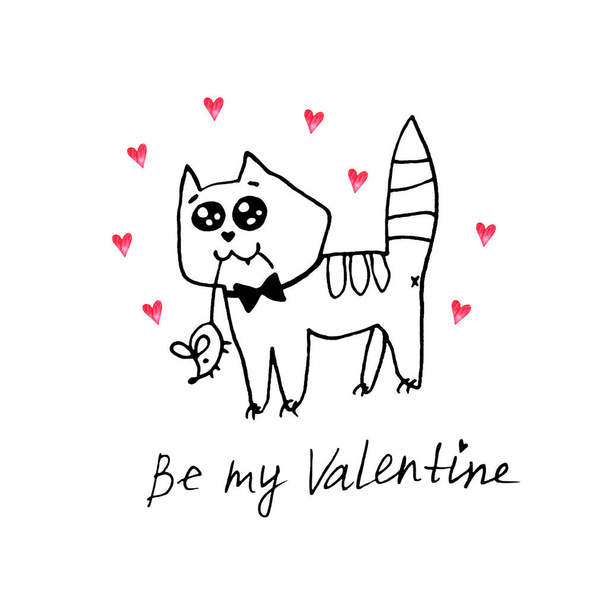 Simple cute contoured cat with a mouse in its teeth. Doodle. Be my Valentine. Design element for greeting card, Valentine's Day, birthday, coloring book, postcard, prints, logo badges stationery web - Photo, Image