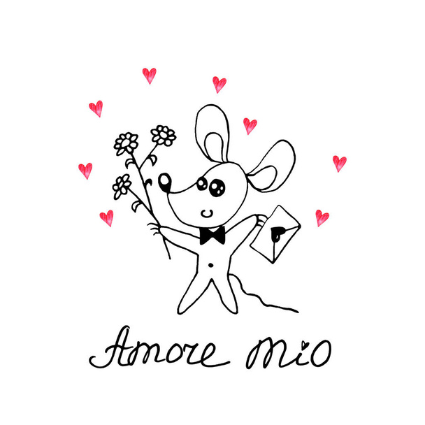 Egy egyszerű aranyos kontúr egér szerelmes levéllel, virágokkal. Amore mio vagyok. Doodle vagyok. Design elem üdvözlőlap, Valentin-nap, képeslap, születésnap, kifestőkönyv, nyomatok, logó jelvények írószer web - Fotó, kép