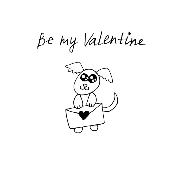 Egyszerű aranyos kontúr kutya szerelmes levéllel. Doodle vagyok. Légy az én Valentinom. Design elem üdvözlőlap, Valentin-nap, születésnap, nyomatok, kifestőkönyv, logó jelvények írószer web - Fotó, kép
