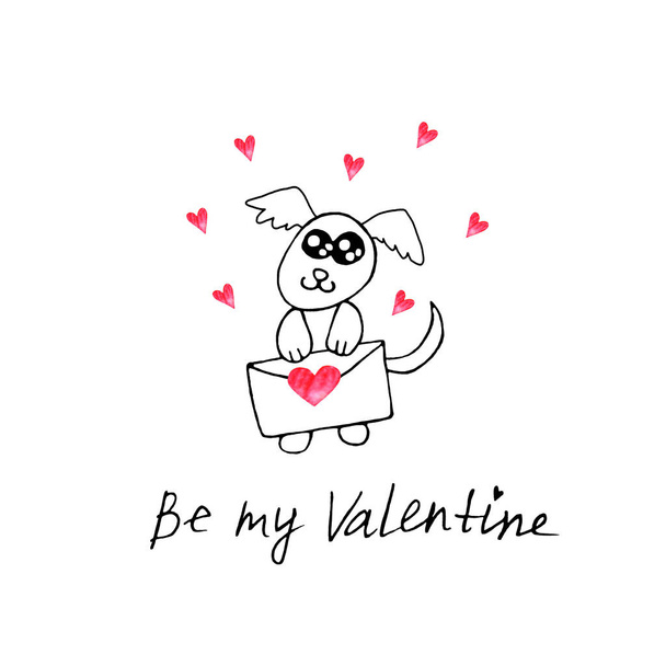 Simple cute contour dog with love letter. Doodle. Be my Valentine. Design element for greeting card, Valentine's Day, birthday, coloring book, prints, logo badges stationery web - Photo, Image