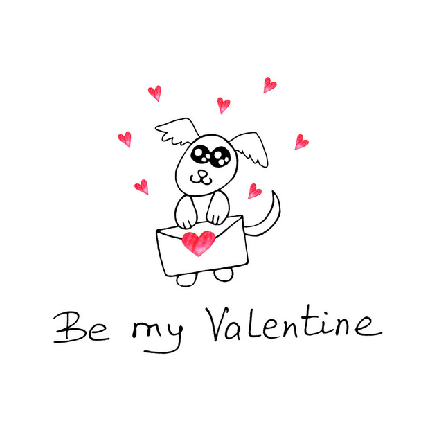 Проста контурна собака з любовним листом. Дуподер. Будь моїм Валентином. Дизайн елементів для вітальних листівок, День святого Валентина, день народження, книга для розмальовки, відбитки, логотип знаків стаціонарного веб - Фото, зображення