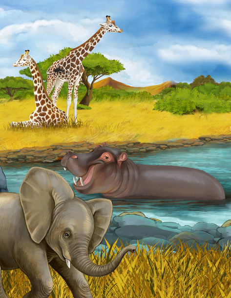 kreskówkowa scena z hipopotamem hipopotamem w rzece i ilustracja słonia dla dzieci - Zdjęcie, obraz