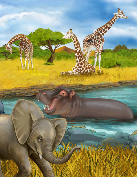σκηνή κινουμένων σχεδίων με ιπποπόταμο ιπποπόταμο στο ποτάμι και απεικόνιση ελέφαντα για τα παιδιά - Φωτογραφία, εικόνα