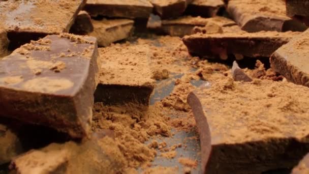 Pieces of chocolate sprinkled with cocoa - Footage, Video