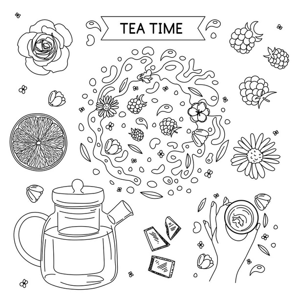Hand drawn Tea time icon set.  Vector illustration.  Cartoon element: teapot, hand with a cup of tea with fish, chocolate, round frame with water drops, tea leaves, lemon, rose, chamomile, raspberry - Vector, Image