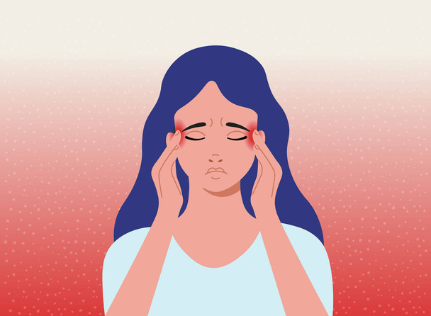 Hoofdpijn. De vrouw met hoofdpijn, migraine. Cartoon vector illustratie. - Vector, afbeelding