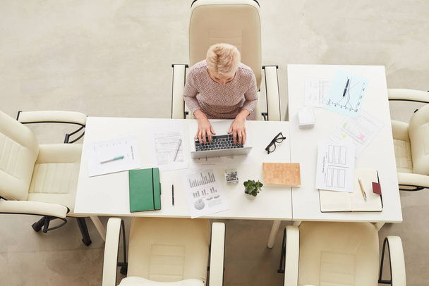 Elegantní zralá podnikatelka pracující sama v moderní kanceláři horizontální shora - Fotografie, Obrázek
