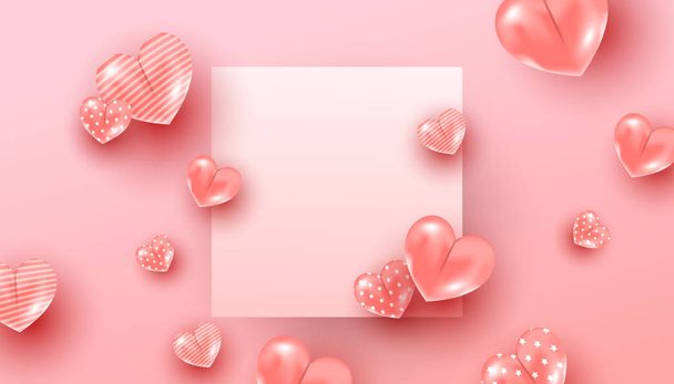 Креативная минимальная композиция с рисунком из сердец розового шара, летающих в воздухе вокруг бумажной рамки на розовом фоне
 - Вектор,изображение