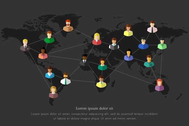 People and network concept with lines connecting them together on a dark world map - Vector, Image