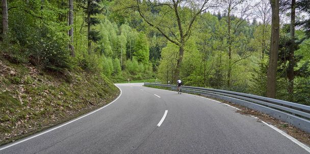 Шосе по лісу з чергами і велосипедистом їде вздовж нього. Шварцвальдська лісова дорога і велосипедист. Німеччина  - Фото, зображення