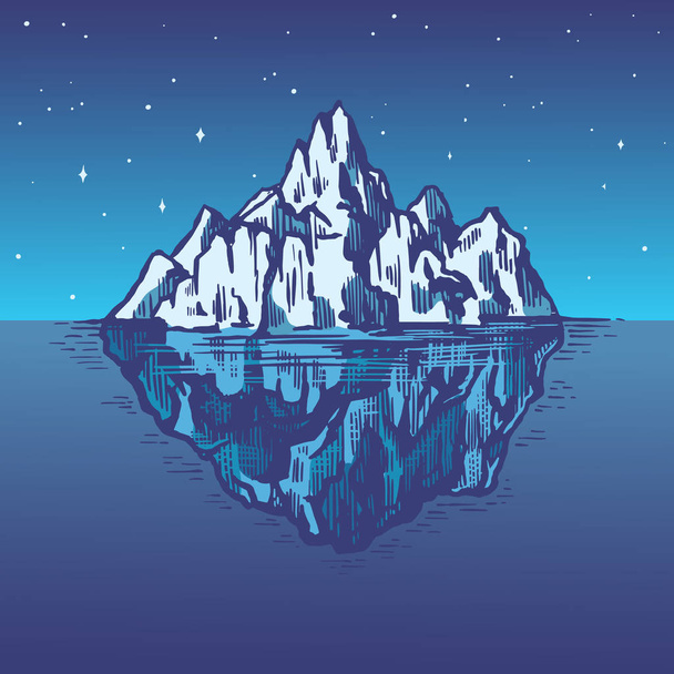 海の氷山。北部の水に浮かぶ氷河の大部分。エンブレム、ウェブロゴ、 Tシャツのための手描きのヴィンテージスケッチを刻ま。ポスター、バナー、カードのための独立したイラスト. - ベクター画像