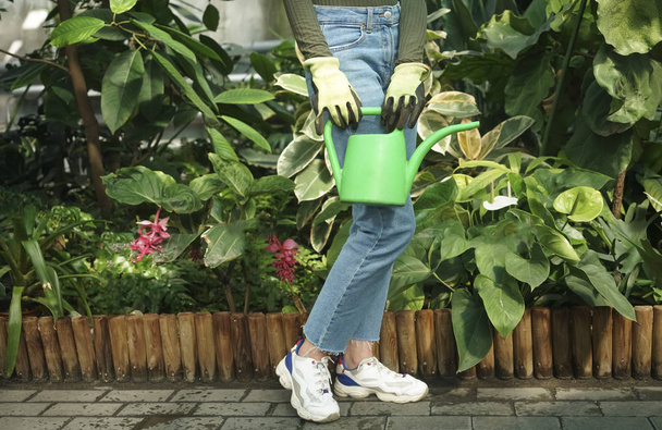 woman in sneakers  with green watering can inside greenhouse, closeup. Flower gardening. female wearing blue jeans, rubber gloves  and white sneakers and holding in hands watering can. no face, unrecognizable girl person.  - Photo, image