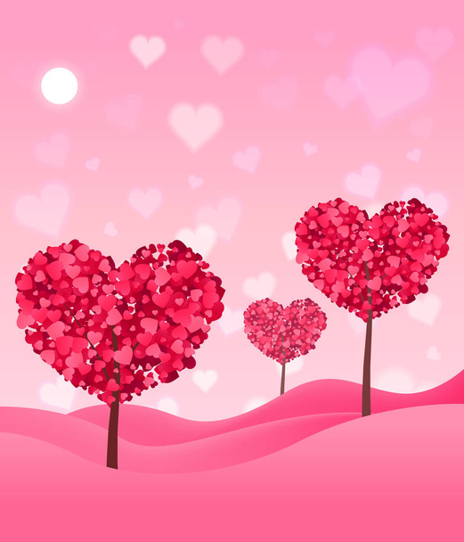 Valentines τοπίο φόντο με ένα δέντρο δάσος από καρδιές. Όμορφο ροζ φυτό του έρωτα με Lettering σας αγαπούν. Χαρούμενη κάρτα Αγίου Βαλεντίνου. Εικονογράφηση διανύσματος. Eps 10  - Διάνυσμα, εικόνα