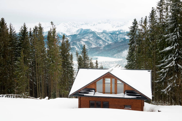 casas de madeira nas montanhas e neve
 - Foto, Imagem